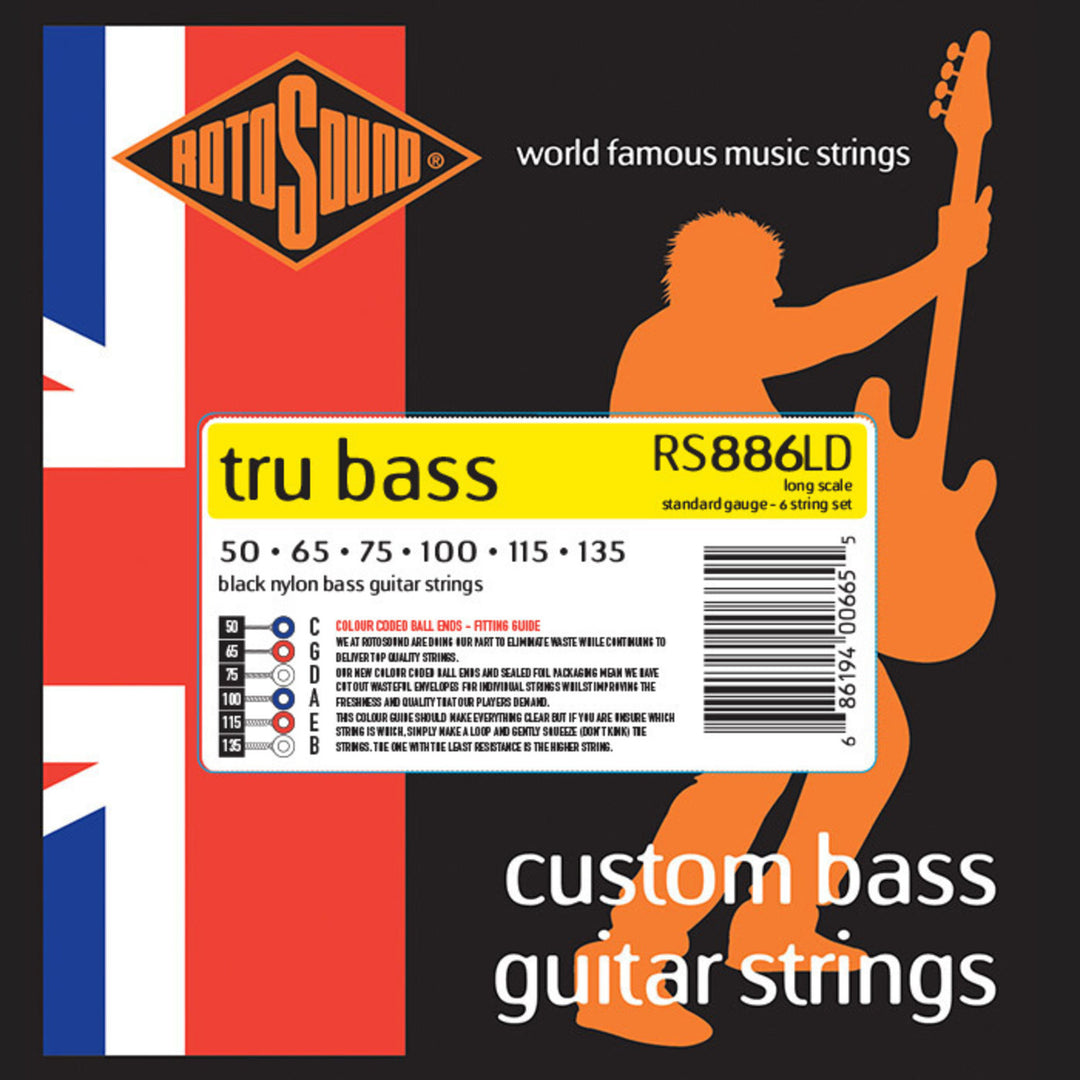 Rotosound E-Bass Saiten Tru Bass 88 - Set 6-saitig Long 50-135, Long scale: Mensurlänge (34"/860mm) - zu medium (32"/810mm) (RS886LD)