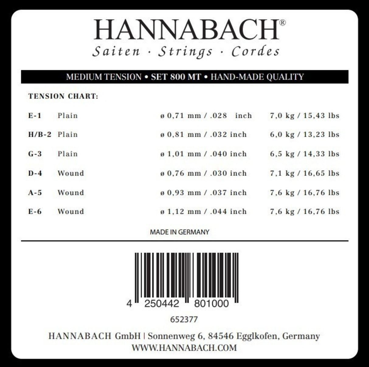 Hannabach Saiten für klassische Gitarren Serie 800 Medium tension versilbert - Set medium (800MT)