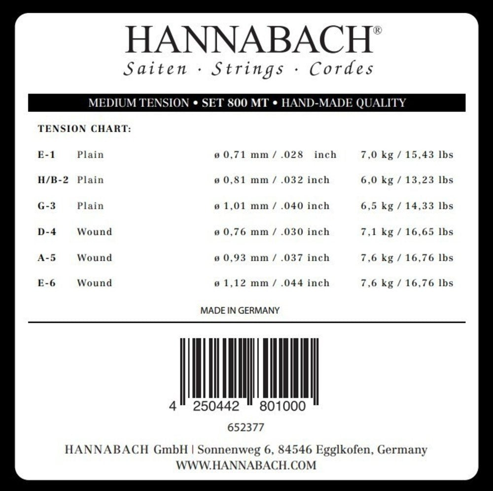 Hannabach 800 Diskantsatz E1, H/B2 und G3, medium Spannung