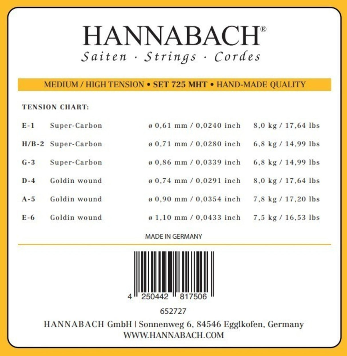 Hannabach Saiten für klassische Gitarren Series 725 Medium/High Tension Goldin - Set von 3 Bässen (7257MHT)