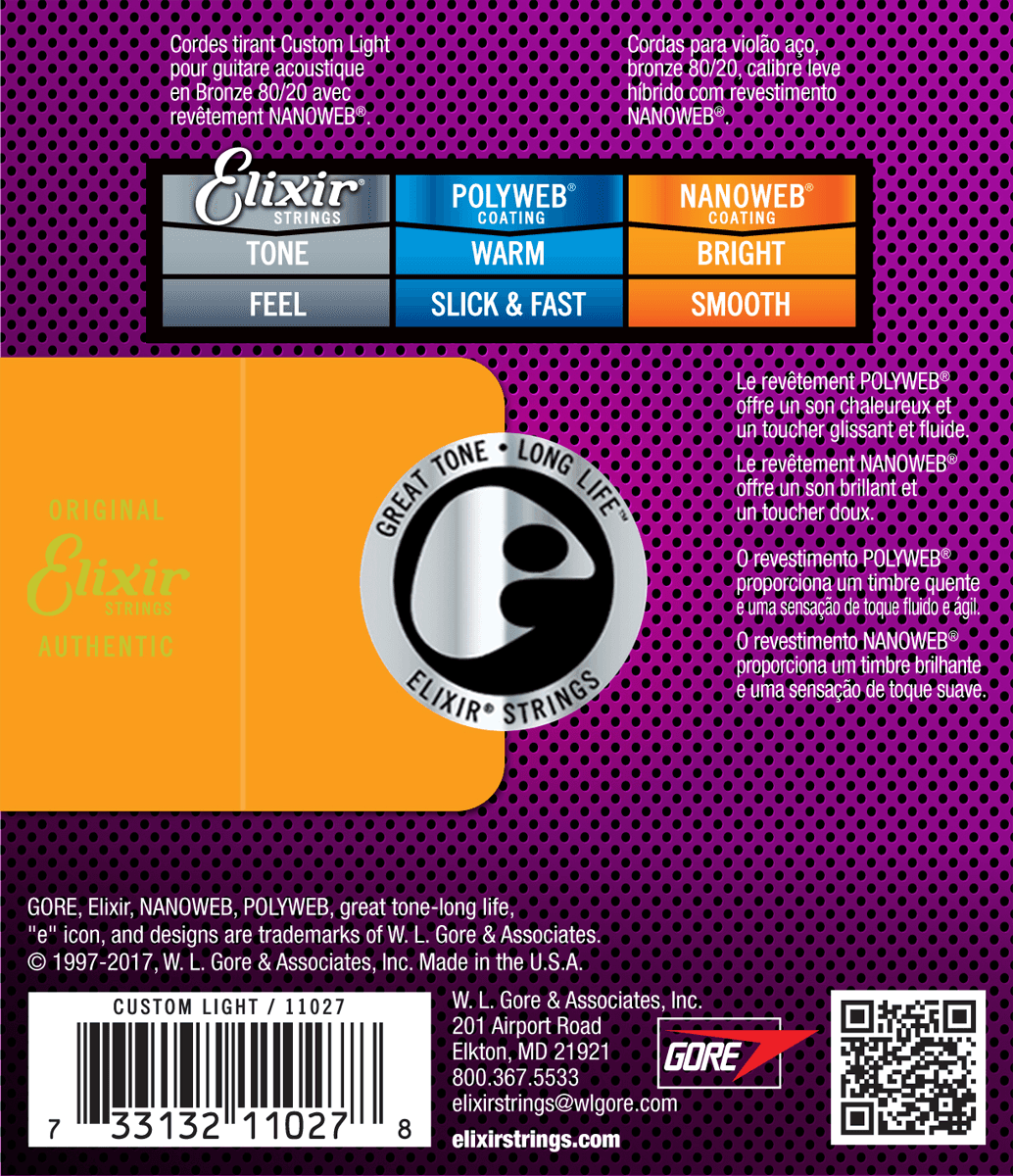 Elixir Nanoweb Bronze 80/20 Guitar String (Custom Light, 11-52)