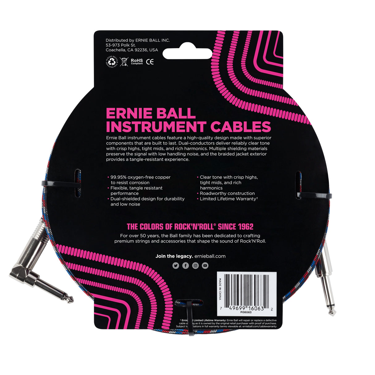 Ernie Ball 6063 Instrument cable 7,5m (Black/Red/White)