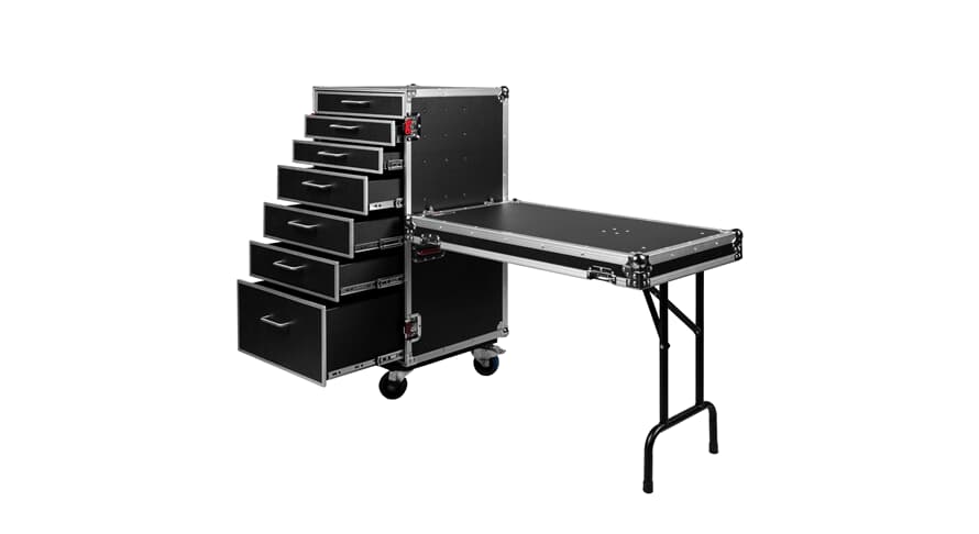 Gator GTOUR-WORKST7 flightcase mit 7 Schubladen und Arbeitstisch