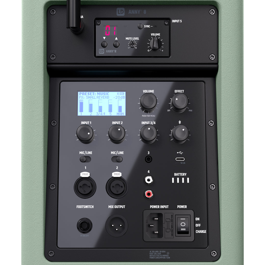 LD Systems ANNY® 8 BPH B8 GN - Tragbarer batteriebetriebener Bluetooth® PA-Lautsprecher mit Mixer und 1x headsetmikrofon (inkl. Bodypack), Adventure Green