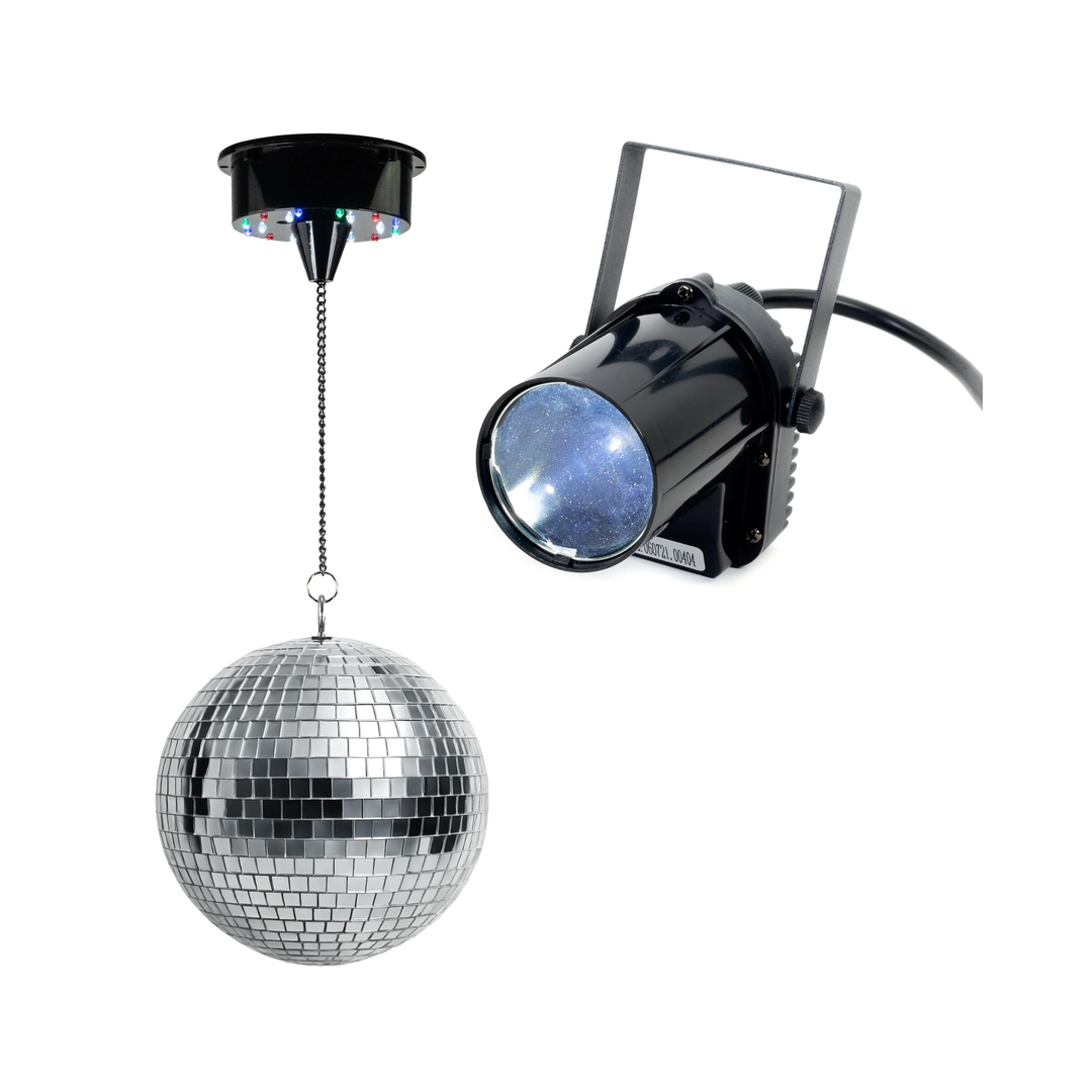 Batteridrevet Diskokugle m. LED (20 cm) & Punktstrahler