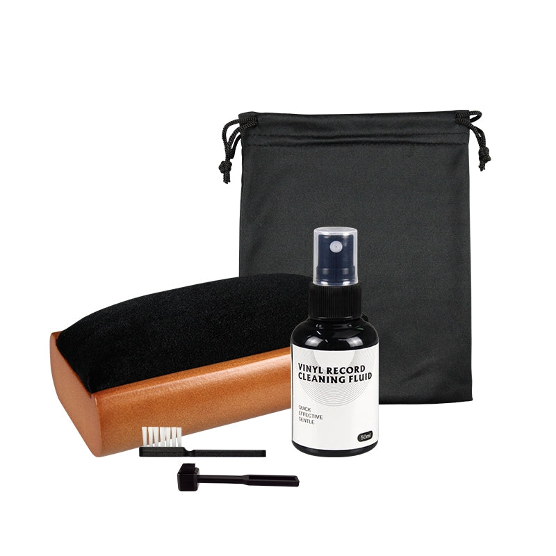 Cleaning set for vinyl records with 5-in-1 pickup brush.