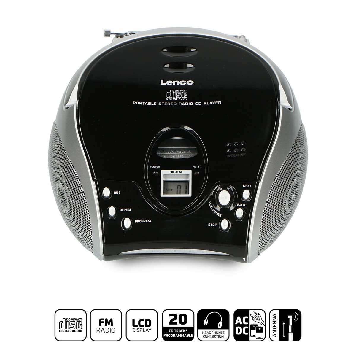 Tragbares Stereo-FM-Radio mit CD-Player Schwarz/Silber