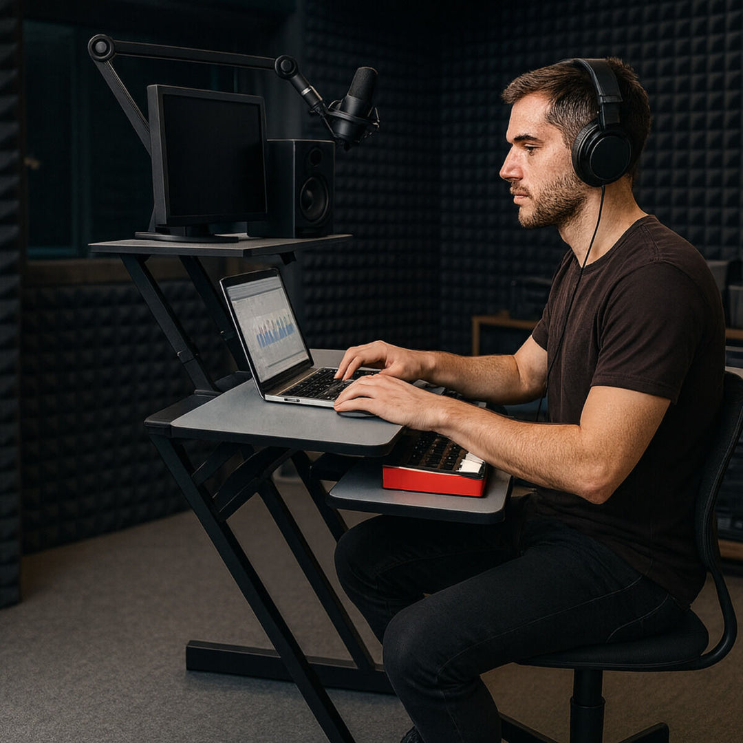 Studiotisch mit Regalen und Auszug für keyboard (120 cm)