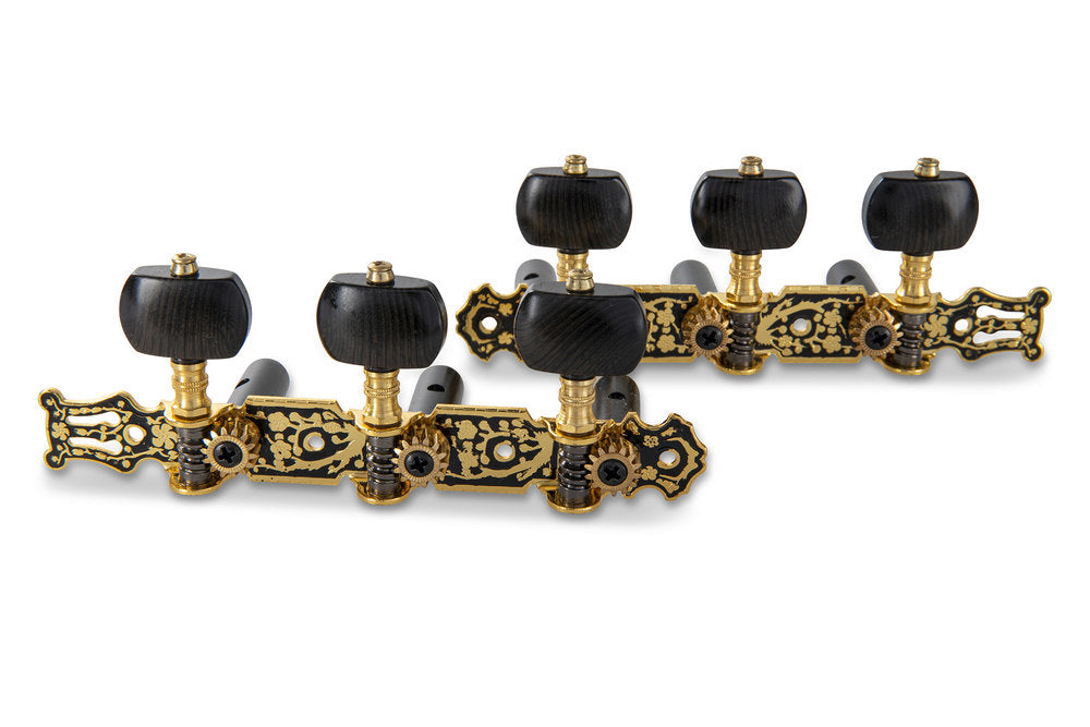 GEWA klassische Gitarrenmechanik, goldfarben mit Lyra, schwarze Acrylknöpfe