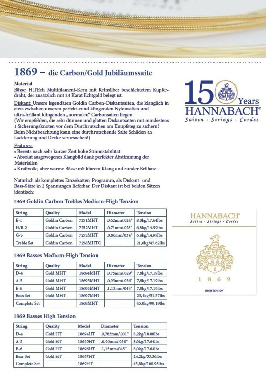 Hannabach Saiten für klassische Gitarre Serie 1869 Carbon/Gold MHT - Set MHT (1869MHT)