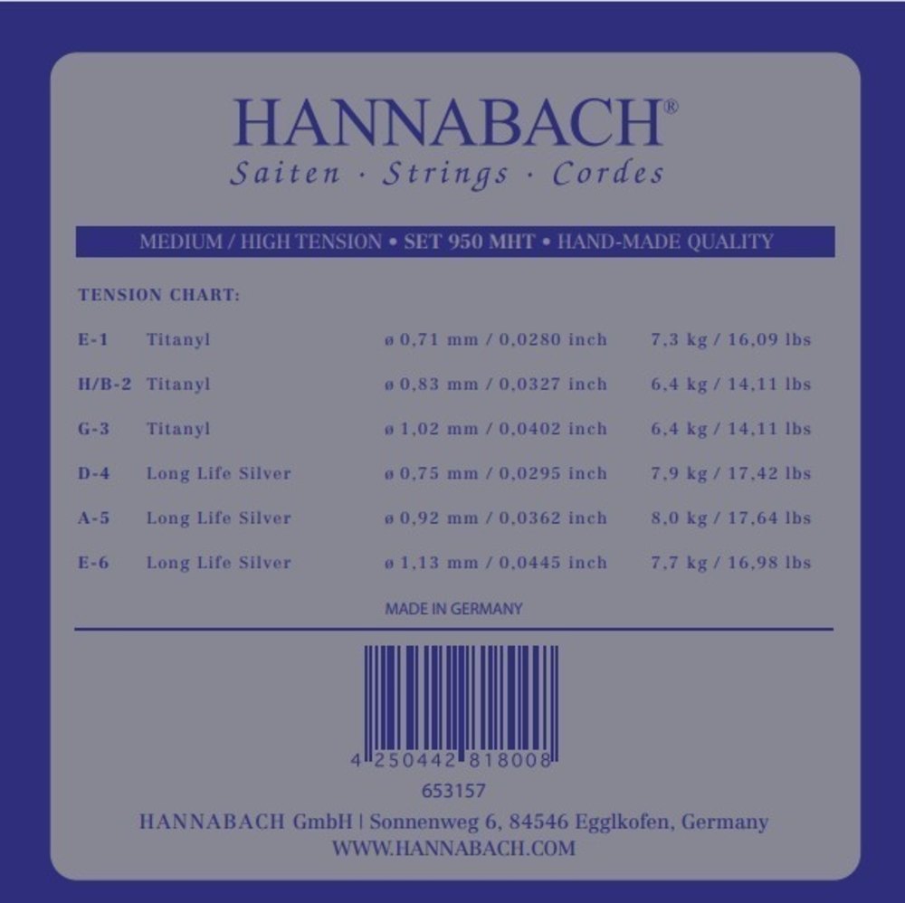 Hannabach 950 E6 basstreng til klassisk guitar, medium/high tension