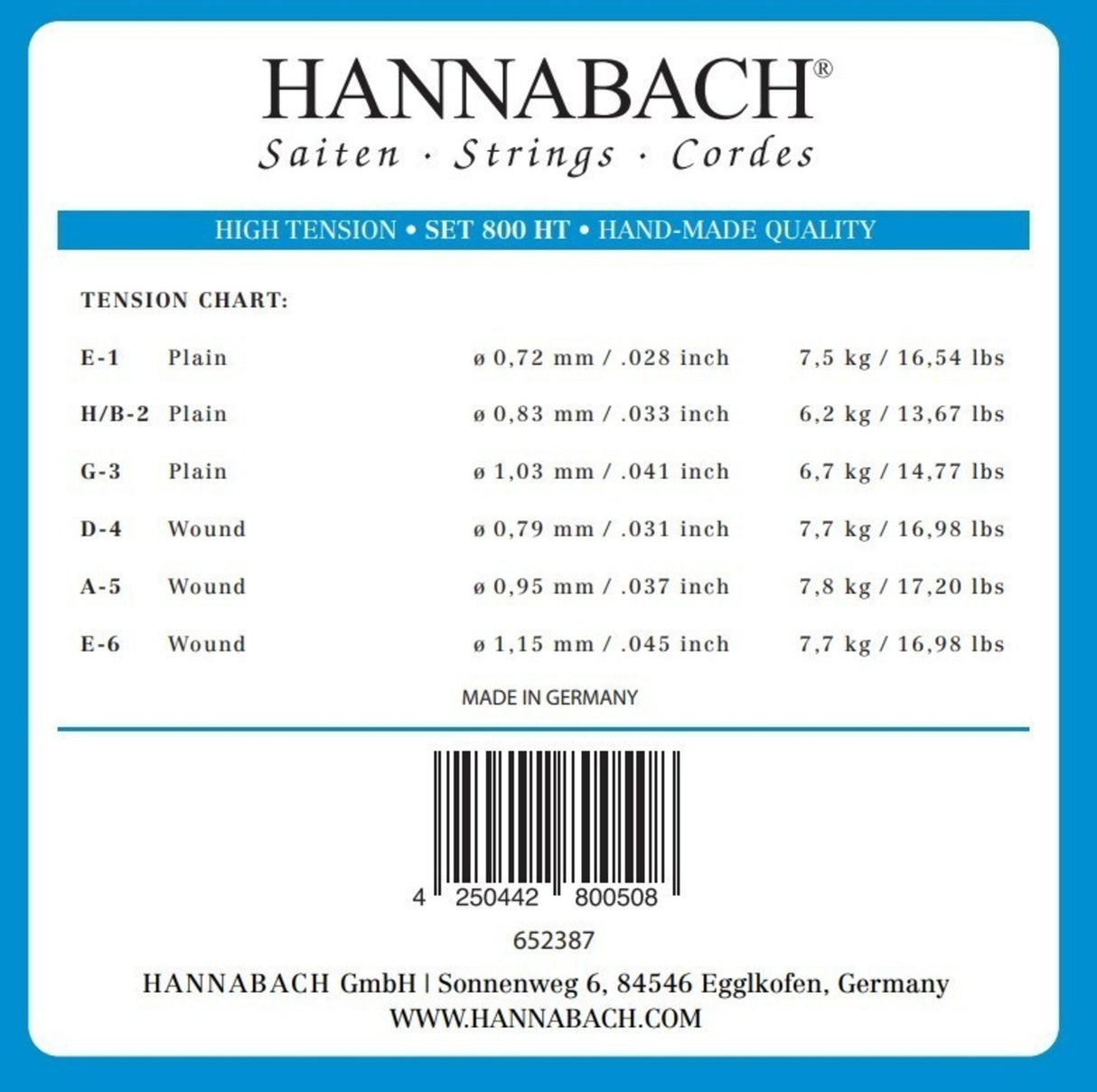 Hannabach Saiten für klassische Gitarren Serie 800 High tension versilbert - Set high (800HT)