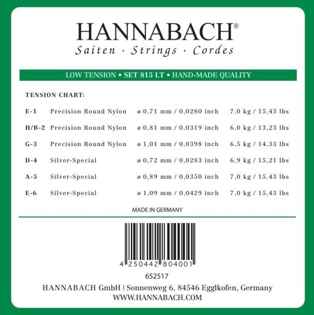 Hannabach 815 Diskantsaitensatz E1, H/B2 und G3, low tension