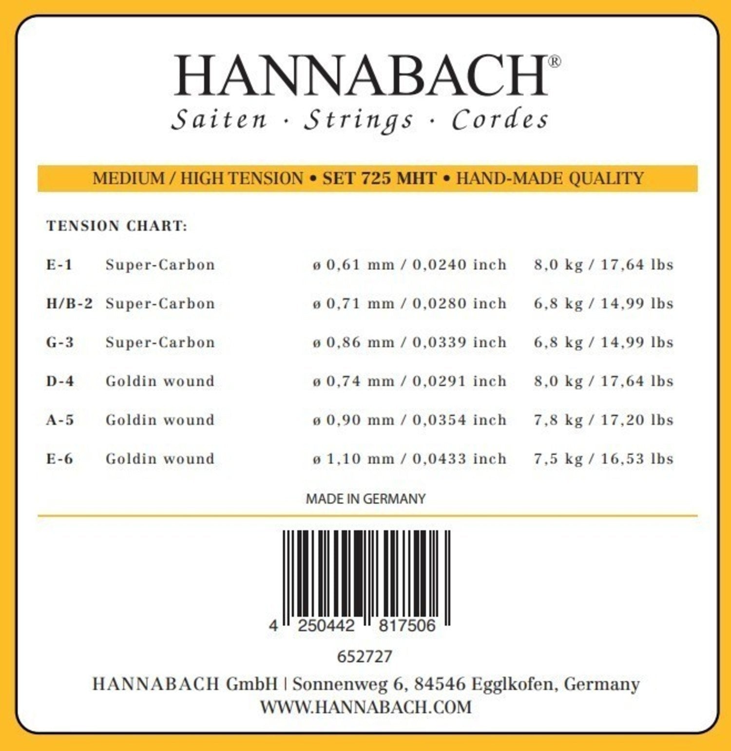 Hannabach Saiten für klassische Gitarren Series 725 Medium/High Tension Goldin - Set von 3 Bässen (7257MHT)