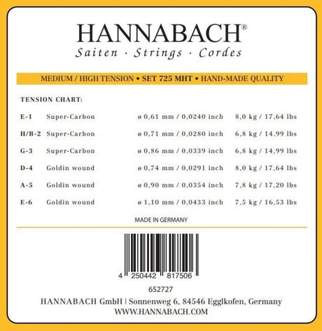 Hannabach Saiten für klassische Gitarre Series 725 Medium/High Tension Goldin - 3er Diskant set (7258MHTC)