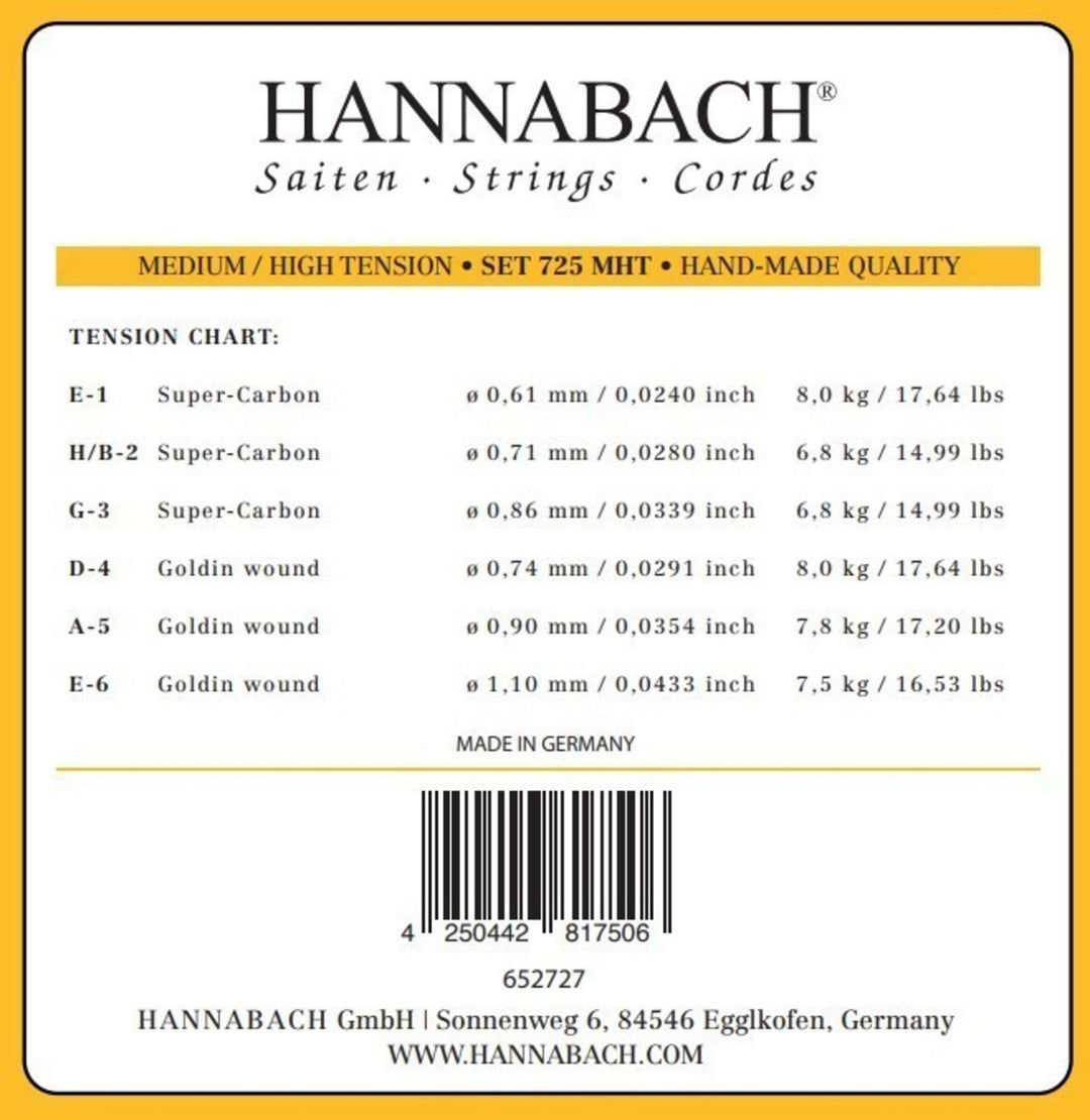 Hannabach Saiten für klassische Gitarre Series 725 Medium/High Tension Goldin - 3er Diskant set (7258MHTC)