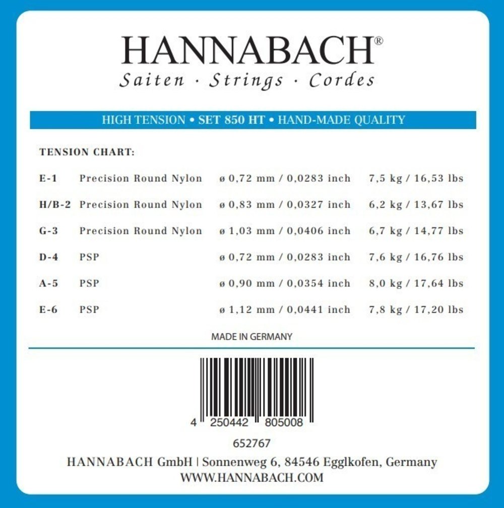 Hannabach 850 E6 basssaite für klassische Gitarre, High tension
