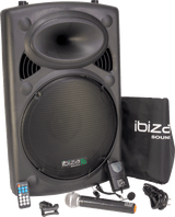 Ibiza portable 15" speaker with USB, Bluetooth & microphones