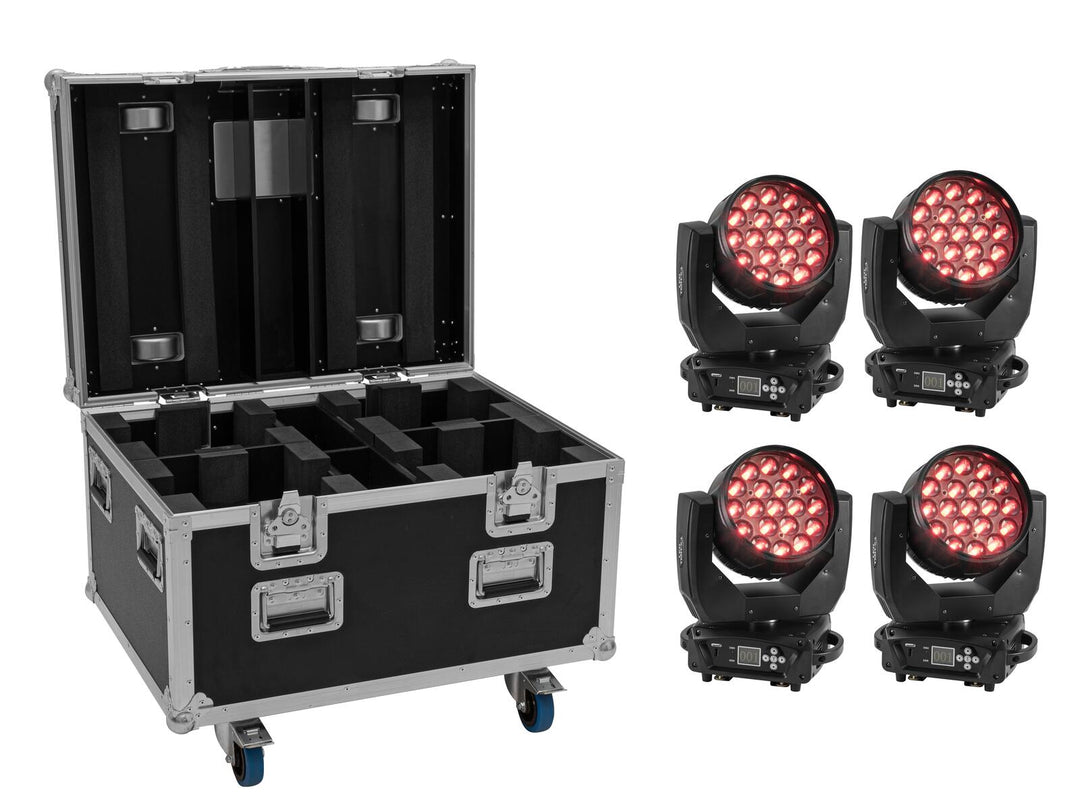 EUROLITE Set 4x LED TMH-X4 Moving Head Wash Zoom + EU Case mit Rollen