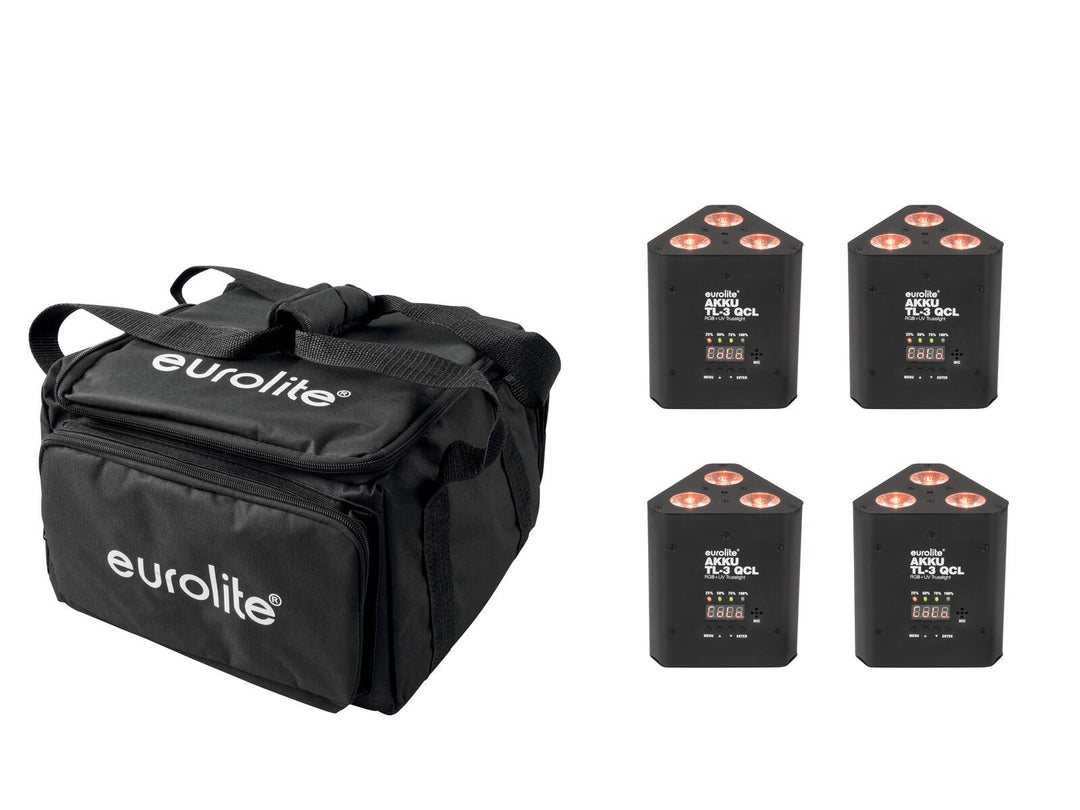 EUROLITE Set 4x AKKU TL-3 QCL RGB+UV Trusslight + SB-4 Softtasche
