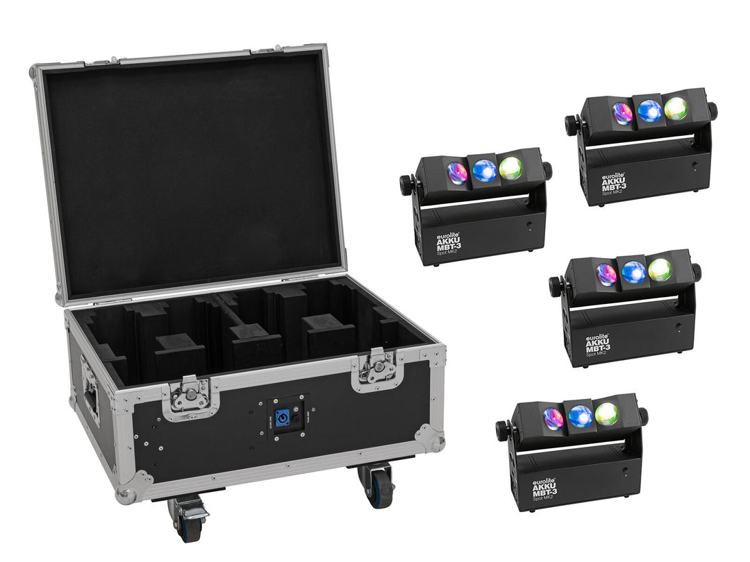 EUROLITE Set 4x AKKU MBT-3 Spot MK2 + Flightcase mit Rollen und Ladefunktion