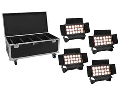 EUROLITE Set 4x AKKU Multiflood IP 18x10W RGBW Wash CRMX + Case mit Rädern