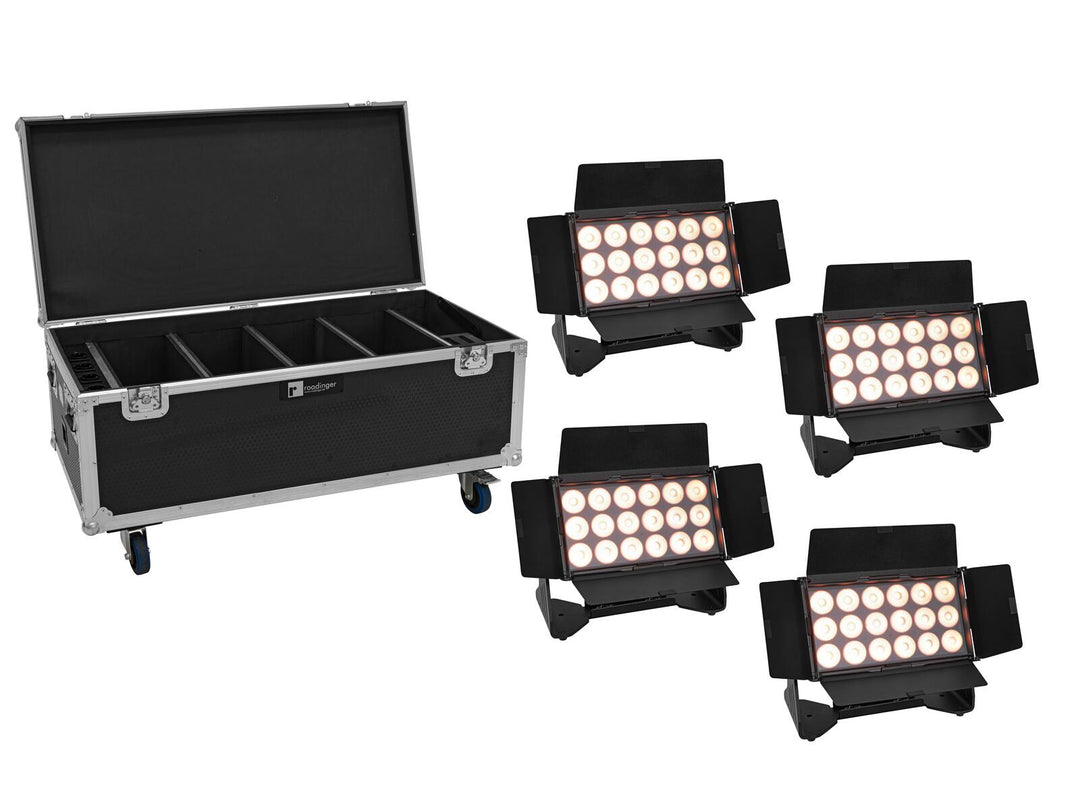 EUROLITE Set 4x AKKU Multiflood IP 18x10W RGBW Wash CRMX + Case mit Rädern