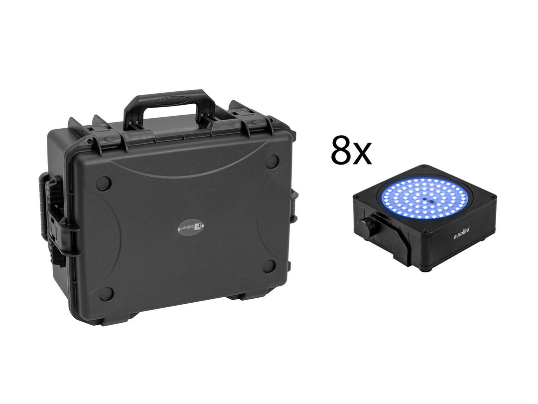 EUROLITE Set 8x AKKU IP Flat Light SMD bk + Plastic case mit Trolley