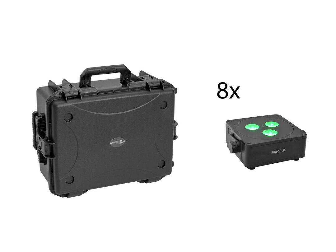 EUROLITE Set 8x AKKU IP Flat Light 3 bk + Kunststoff case mit Trolley