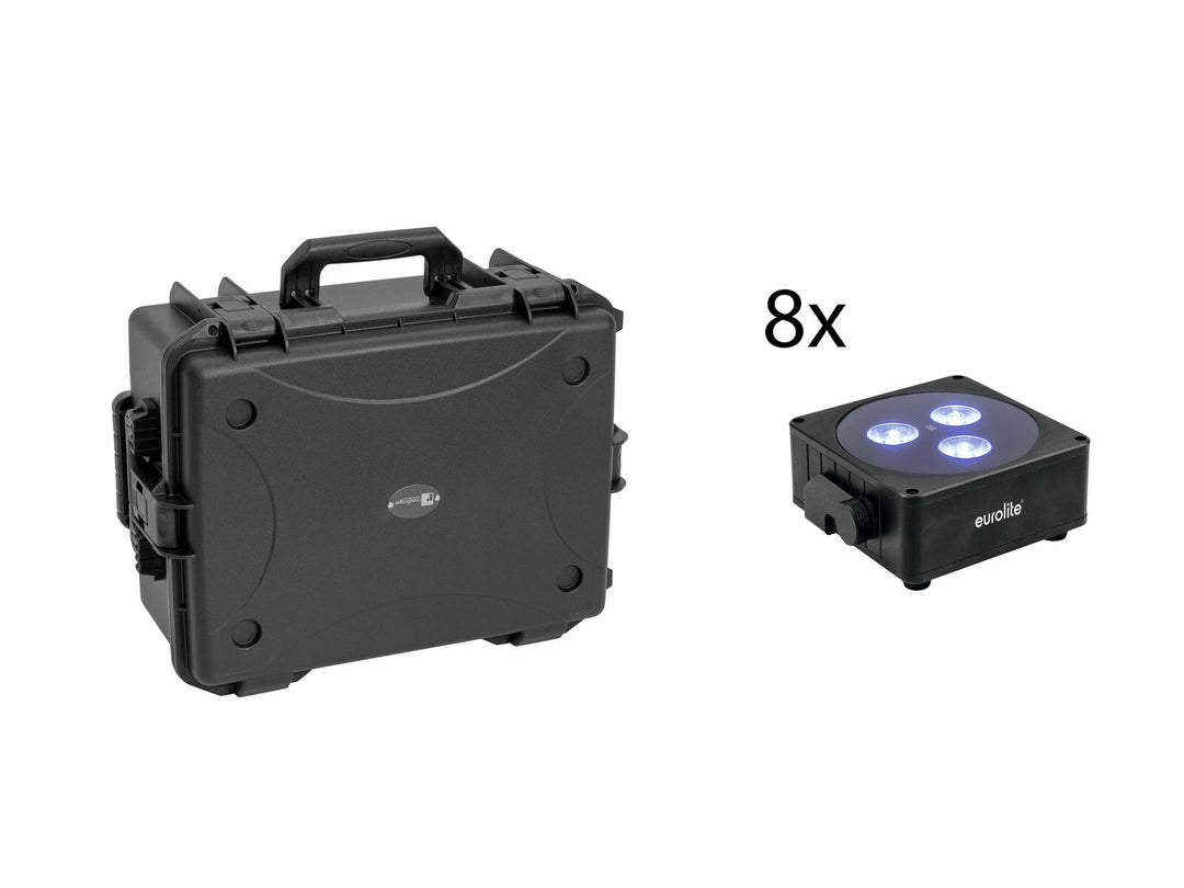 EUROLITE Set 8x AKKU Flat Light 3 bk + Kunststoffkoffer mit Trolley