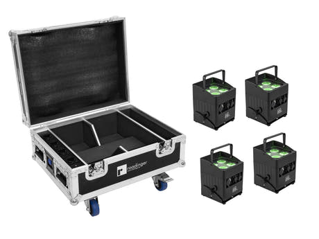 EUROLITE Set 4x AKKU IP UP-4 QCL Spot QuickDMX MK2 + Flightcase mit Rädern und Ladefunktion