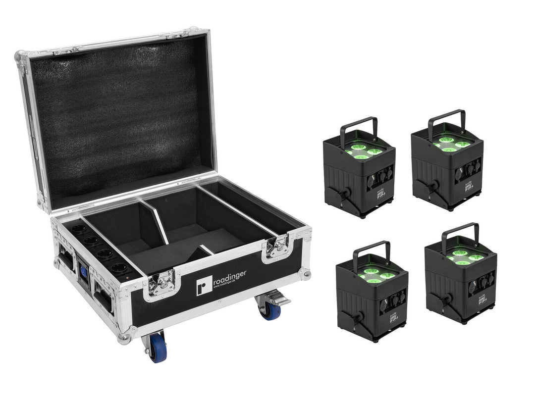 EUROLITE Set 4x AKKU IP UP-4 QCL Spot QuickDMX MK2 + Flightcase mit Rädern und Ladefunktion