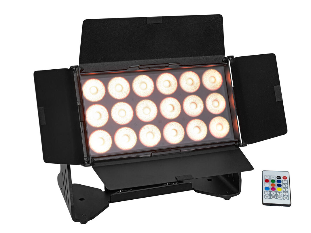 EUROLITE Set 4x AKKU Multiflood IP 18x10W RGBW Wash CRMX + Case mit Rädern