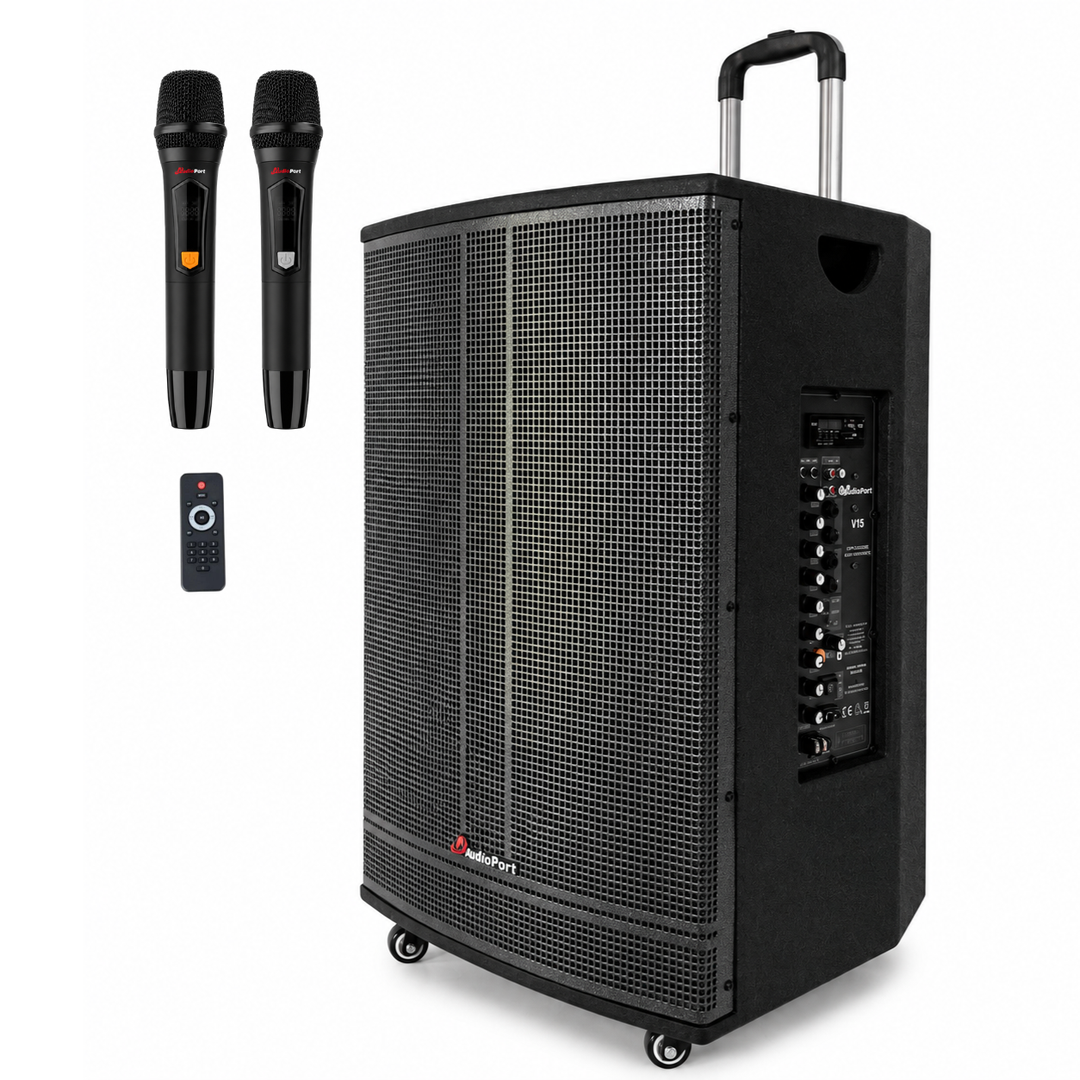 Audioport V15 tragbarer aktiver Lautsprecher mit 500 W und 2 mikrofonen