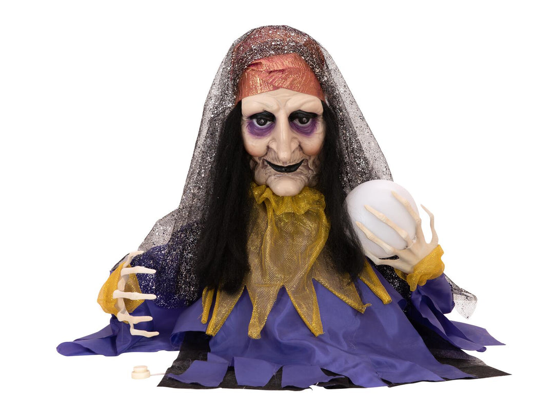 Halloween-figur spåkone med krystalkugle, animeret, 40 cm