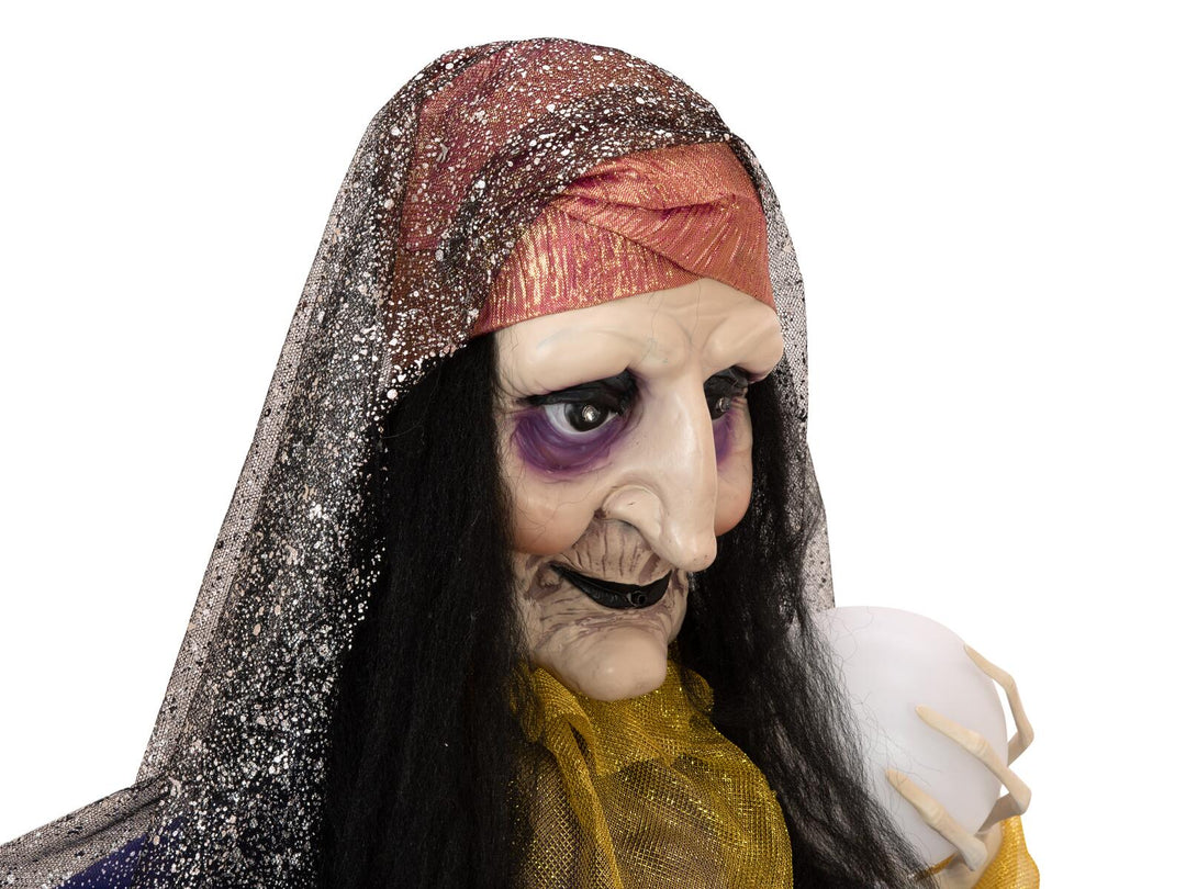 Halloween-figur spåkone med krystalkugle, animeret, 40 cm
