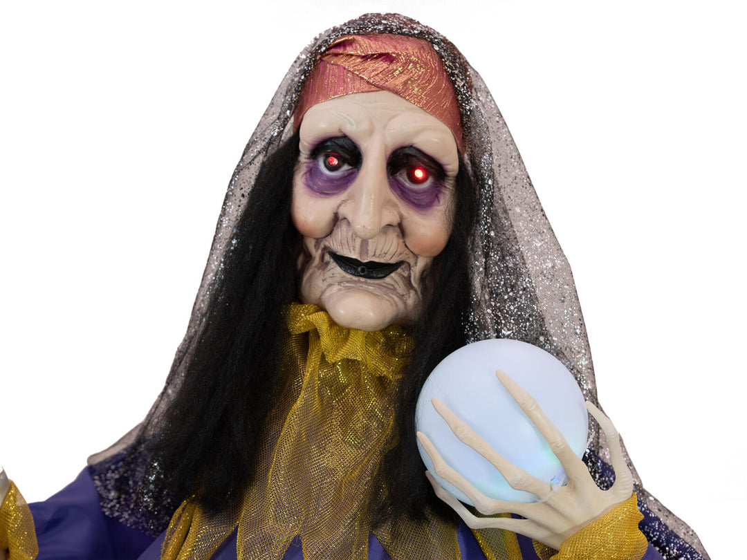 Halloween-figur spåkone med krystalkugle, animeret, 40 cm