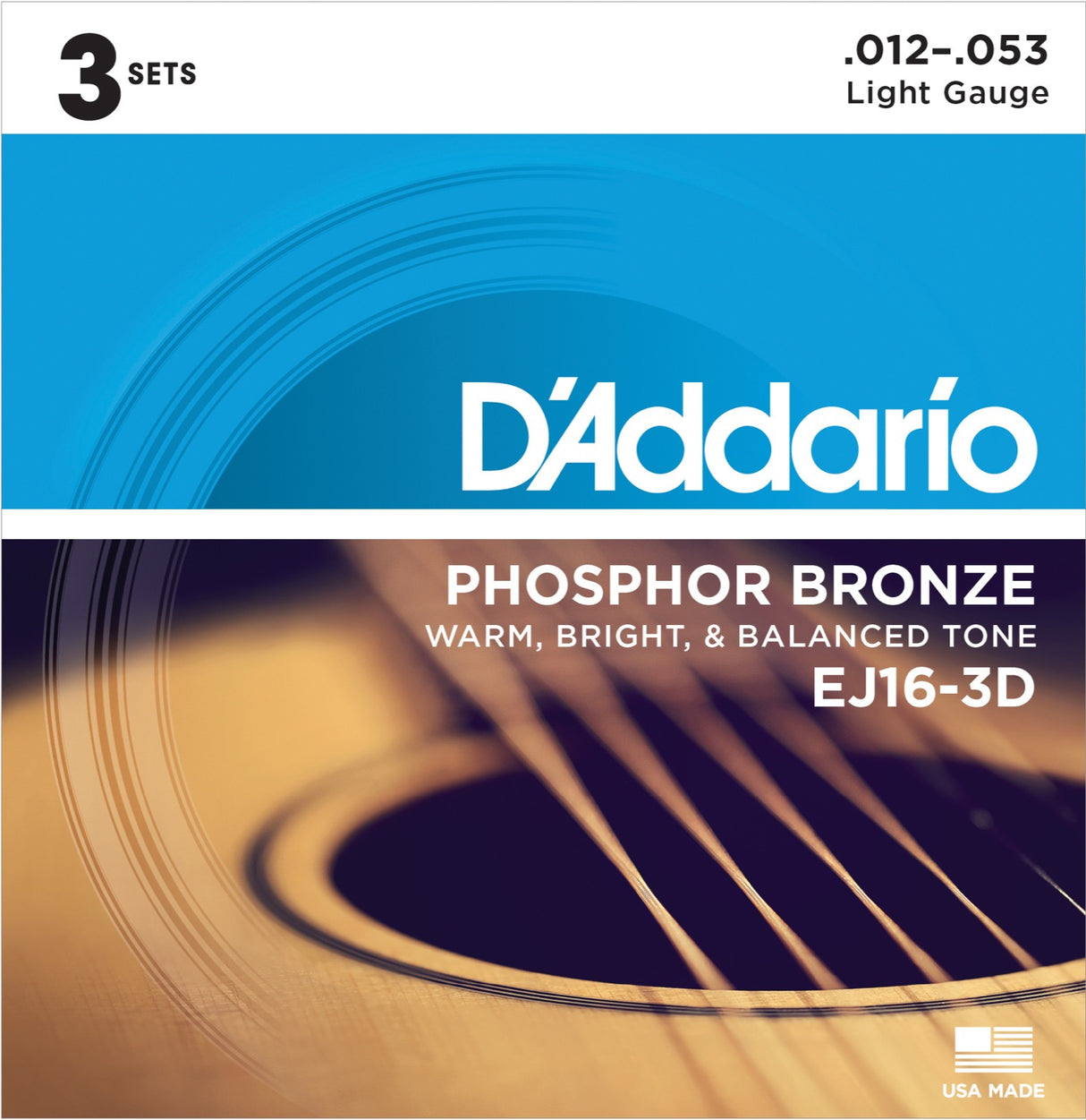 Daddario EJ16-3D Phosphor Bronze Guitar Strings (Light 12-53) 3-Pak