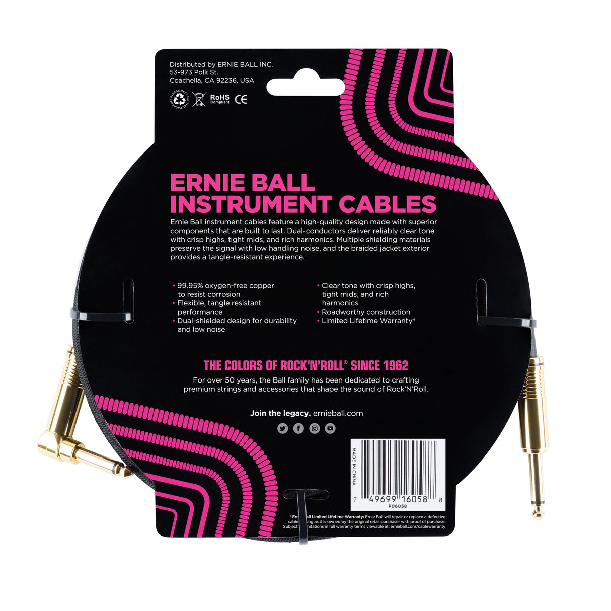 Ernie Ball 6058 Guitar Cable (Black, 7.5m)
