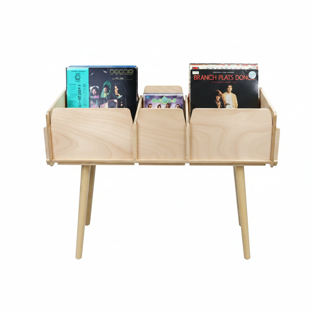 Vinylkiste m. Beinen und 3 Fächern aus Holz