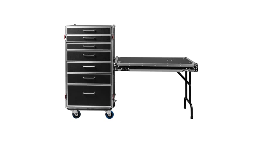 Gator GTOUR-WORKST7 flightcase mit 7 Schubladen und Arbeitstisch