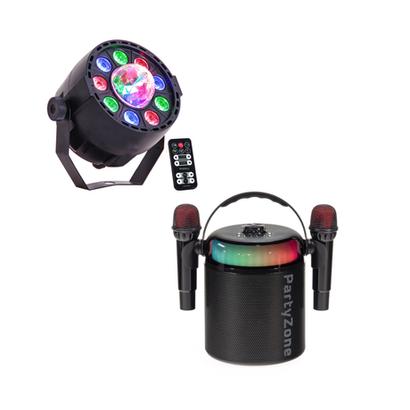 PartyZone Karaoke Set m. 2 Mikrofonen (Schwarz) & LED PAR-ASTRO 2-in-1 Diskolicht