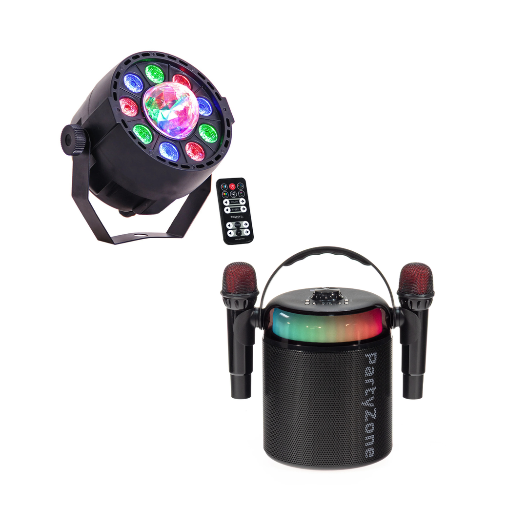 PartyZone Karaoke Set m. 2 Mikrofonen (Schwarz) & LED PAR-ASTRO 2-in-1 Diskolicht
