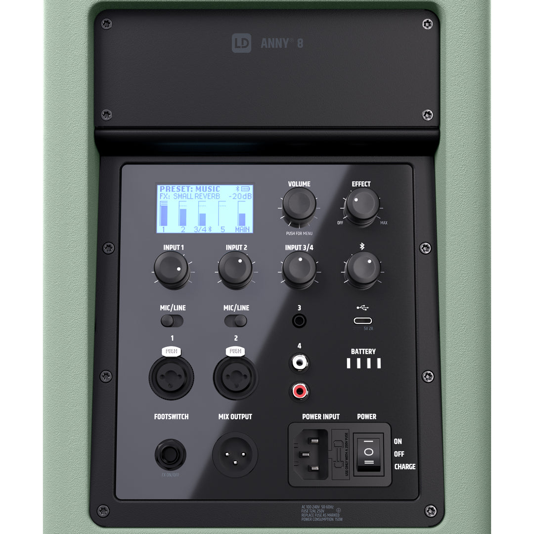 LD Systems ANNY® 8 GN - Tragbarer batteriebetriebener Bluetooth® PA-Lautsprecher mit Mixer, Adventure Green