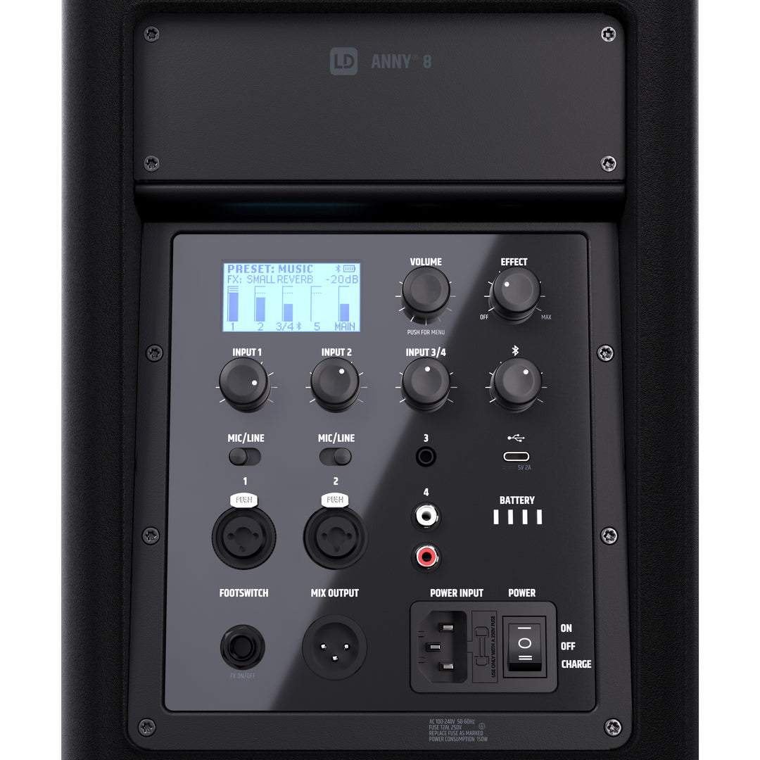 LD Systems ANNY® 8 - Tragbarer batteriebetriebener Bluetooth® PA-Lautsprecher mit Mixer, Stage Black