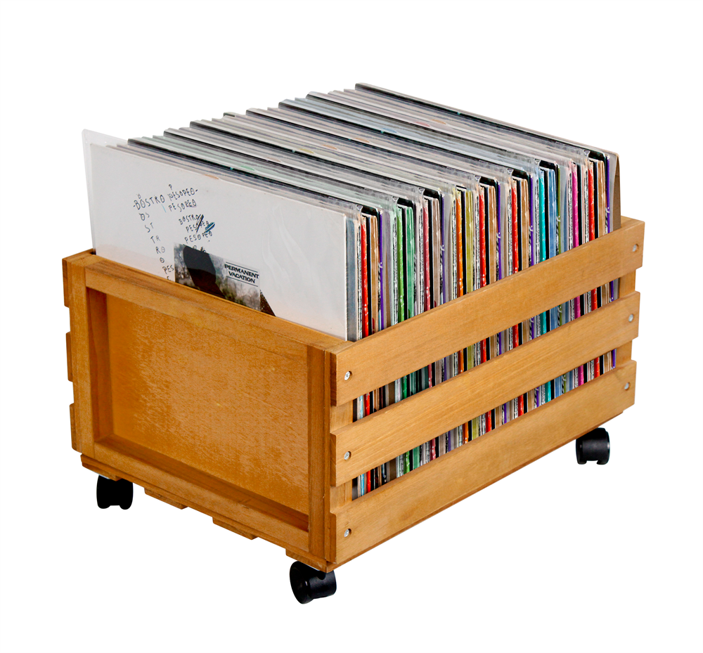 Vinylkiste mit Rollen, aus hellem Holz