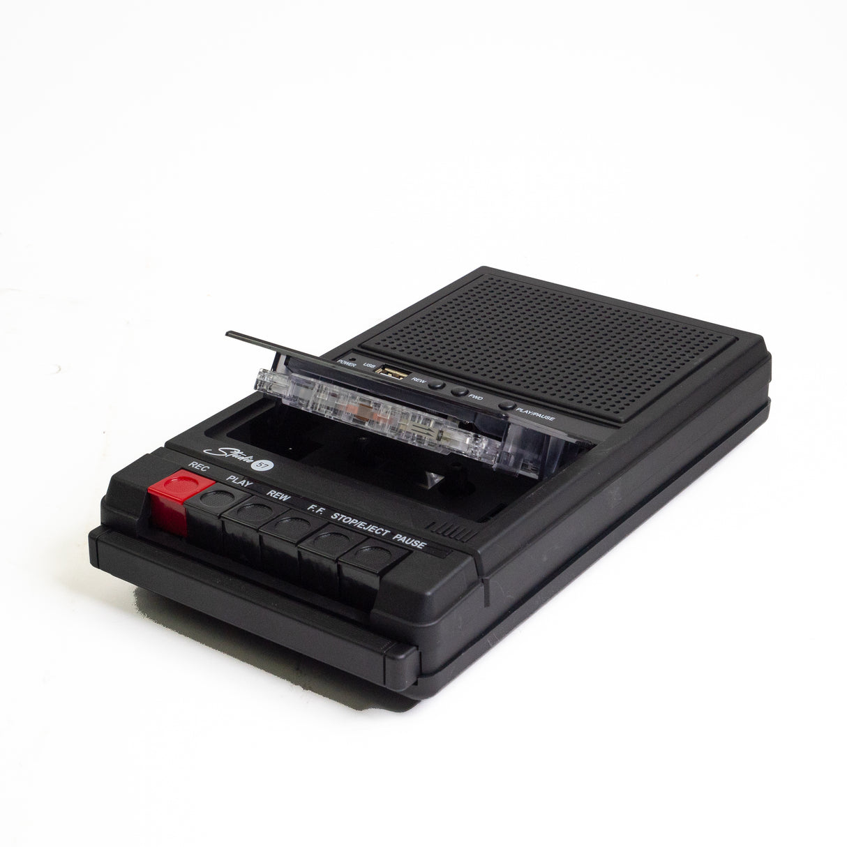 Flat black cassette player with a cassettetape 
