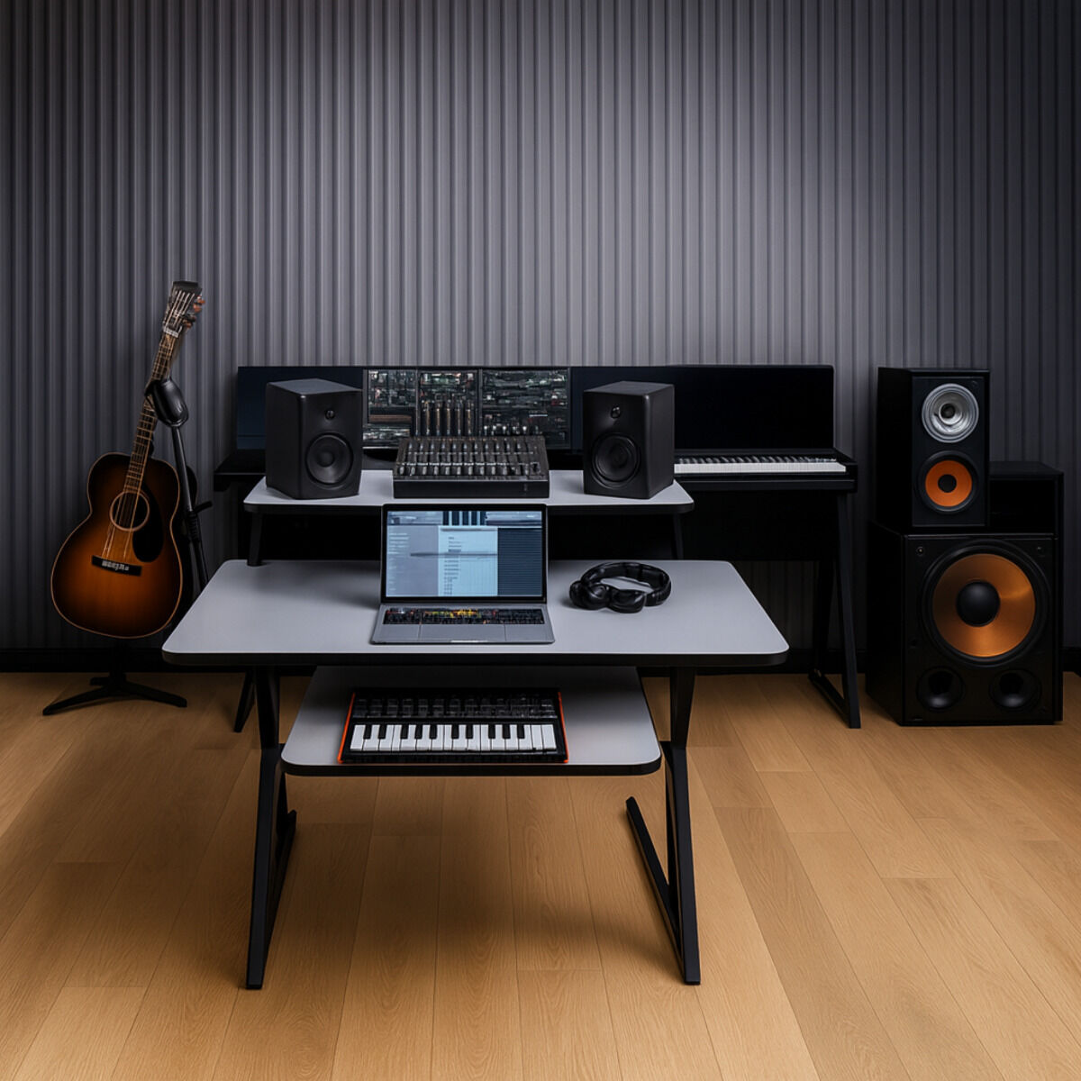 Studiotisch mit Regalen und Auszug für keyboard (120 cm)
