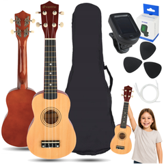 Ukulelenset mit Etui, Tuner und Zubehör, Naturholz