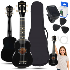 Ukulelen-Set mit Etui, Tuner und Zubehör, Schwarz